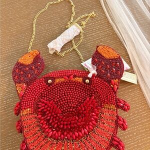 Vibrant Red Beaded Crab Bag with Gold Chain